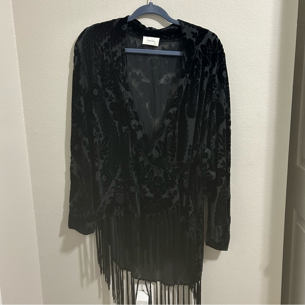 Neiman Marcus Black Burnout Velvet Fringed Wrap Jacket